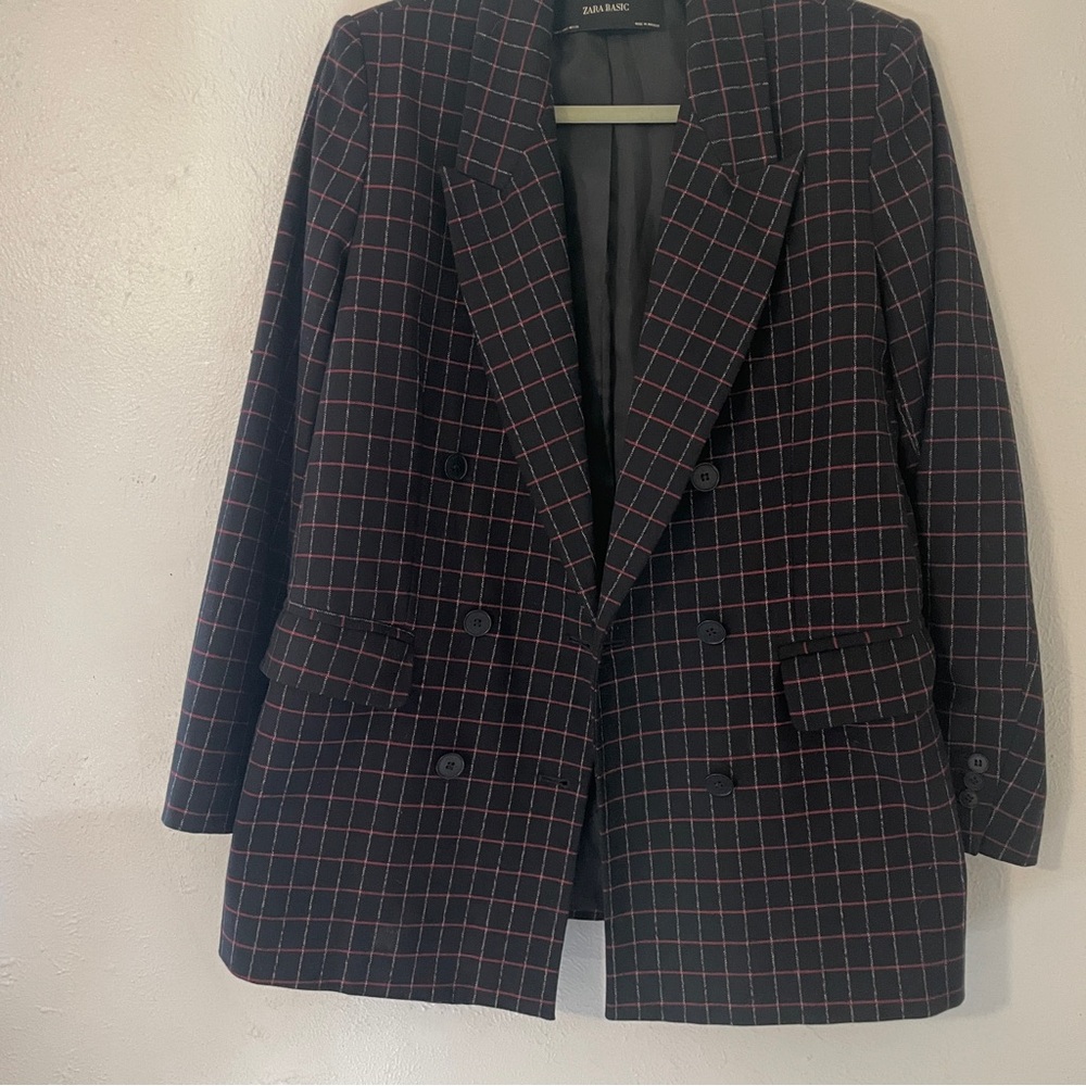 Zara Basic Black Red Windowpane Double Breasted B… - image 7